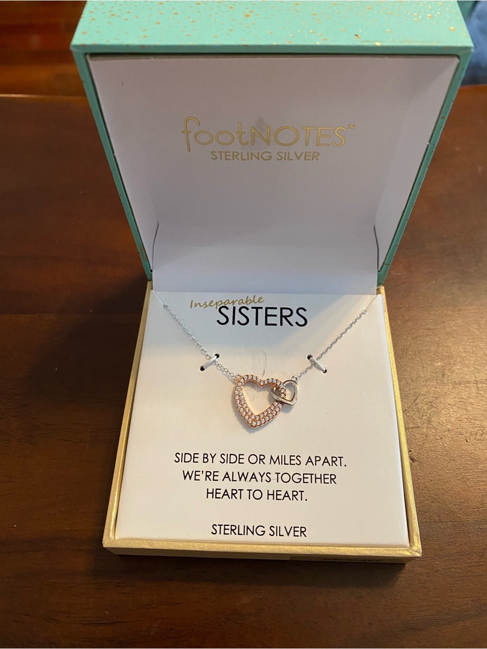 Footnotes Sterling Silver Sister Heart Necklace in Rose Gold & CZs